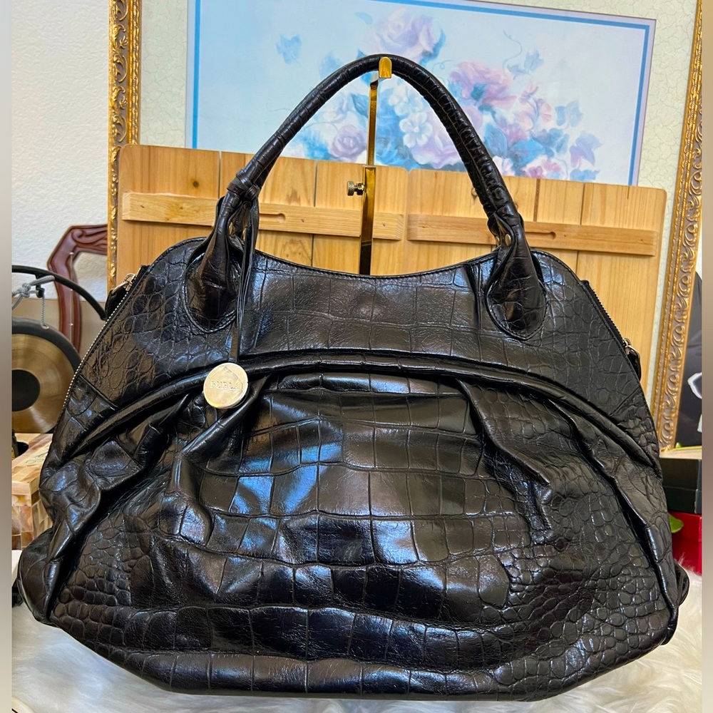 Furla Black Croc-Embossed Leather Tote